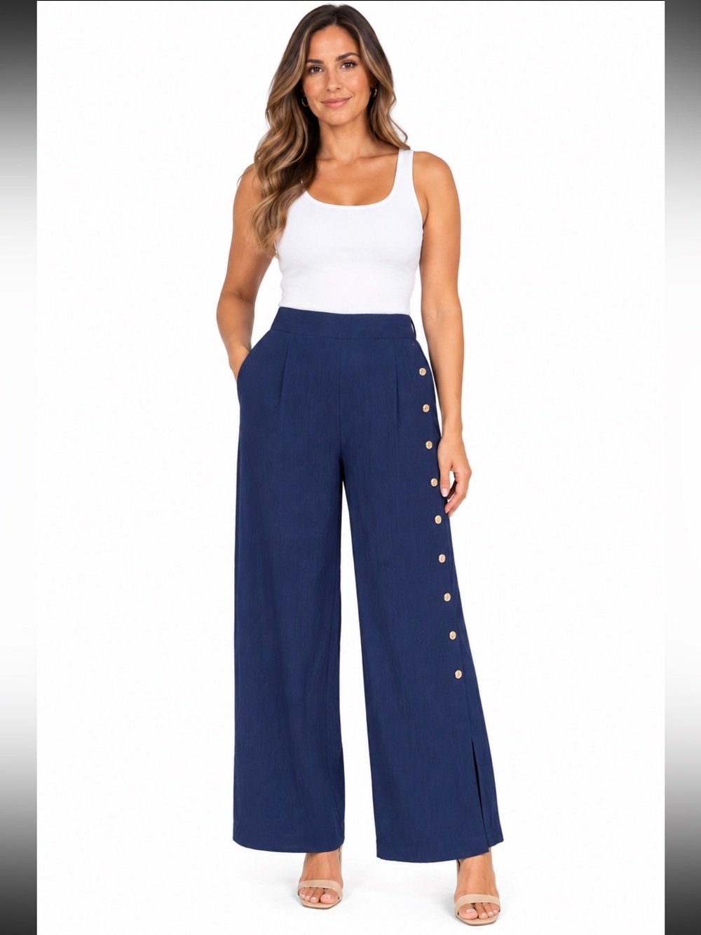 Women’s Navy Blue Wide Leg Pants High Rise Gold Button Side Slit - Size L